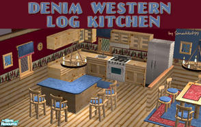 Sims 2 — Denim Western Log Kitchen by Simaddict99 — Recolor of my Log Kitchen in knotty wood and denim. meshes required.