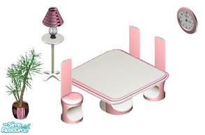 Sims 1 — Pink Dining Set by STP Carly — Includes : Plant, Floor Lamp, Dining Table, Dining Chair and Fire Alarm Clock