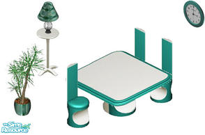 Sims 1 — Green Dining Set by STP Carly — Includes : Plant, Floor Lamp, Dining Table, Dining Chair and Fire Alarm Clock