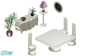 Sims 1 — Ivory Dining Room by STP Carly — Includes: Lamp, Table, Chair, Clock (fire alarm), Book Buffet, Plant