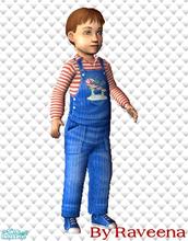 Sims 2 — Toddler Christmas Outfit by Raveena — Cute red-striped shirt with a candy cane applique on the blue overalls.