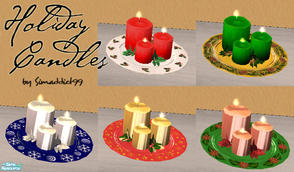 Sims 2 — Holiday Candles by Simaddict99 — variety of Holiday candles on decorative holiday plates.