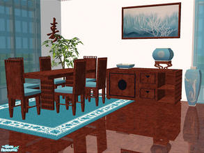 Sims 2 — Melu Dining by detimgi — New Dining room mesh set in rich wood contrasted by bright teal.Eight new meshes,two