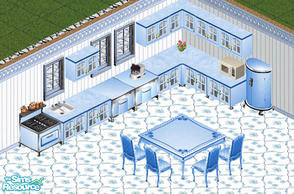 Sims 1 — Blue Victorian Kitchen by Raveena — Includes: Counters (2), Dining Chair, Dishwasher, Fridge, Stove, Dining