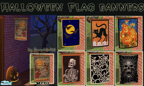 Sims 2 — Halloween Flag Banners by Simaddict99 — Spooky Flag Banners for Halloween. Can be displayed indoors and out.