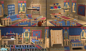 Sims 2 — Western Denim Log Interiors by Simaddict99 — Fun Western theme in denim & red bandana, teamed with knotty