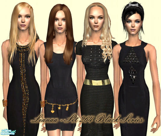 Sims 2 — Set 264 Black Series by Lianaa by Lianaa — Set 264 Black Series by Lianaa - 4 black dresses with gold accents,