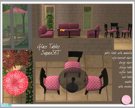 Sims 2 — Glass Tables SuperSet by DOT — Glass Tables SuperSet. Patio table with umbrella, sofa-loveseat-chair, dining