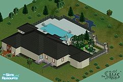 Sims 1 — The Half Mansion by simsgeek100 — A graveyard, much vegitation,and a pool.
