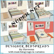Sims 2 — Designer Bedspreads Super Set by Raveena — 4 Custom designed bedspreads with coordinating rug and curtains