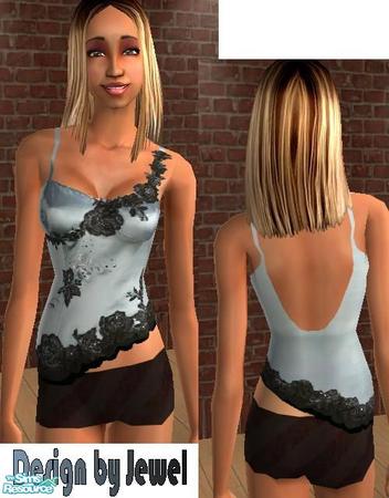 Sims 2 — Blue Cami w/black shorts by JewelRolls — Silver/blue satin camisole with black lace design and black shorts.