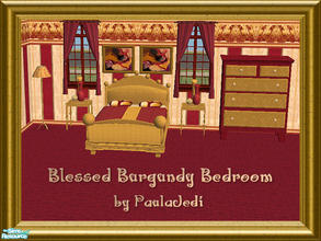 Sims 2 — Blessed Burgundy Bedroom by paulajedi — Includes: Bed frame, bedding, painting, end table, vases, dresser, and