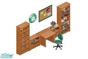 Sims 1 — Country Green Office by STP Carly — Includes: Bookcases(4), Clock, Chair, Desk, Painting