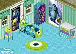 Sims 1 — Monster Bed Set by STP Carly — Includes: Bed, Rug, Lamp, Paintings(2), Dresser, Curtain, Bookcase, Endtable