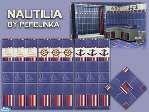 Sims 2 — NAUTILIA BATHROOM by perelinka — Set for nautical bathroom: walls, floor, counter, sink, toilet and shower tub.