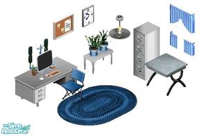 Sims 1 — Silver Blue Office by STP Carly — Includes: Desk, Computer, Chair, Rug, Clock, Painting, Ceiling Lamp, Filing