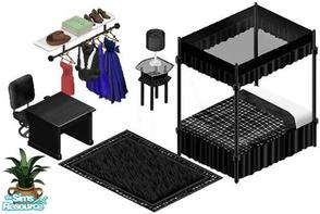 Sims 1 — Black Delite Bedset by STP Carly — Includes: Bed, Closet, Desk, Chair, Rug, Endtable, Lamp, Plant