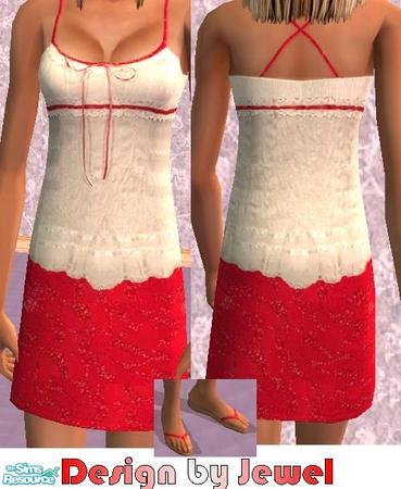Sims 2 — Sweet White Cami and Red Skirt by JewelRolls — White cotton camisole with lace and ribbon trim, with red