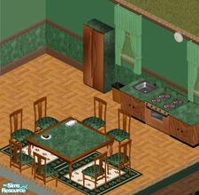 Sims 1 — Rustic Kitchen by Cabinet — Includes: Table, Chair, Fridge, Stove, Trash bin, Counter, Curtain, Rug