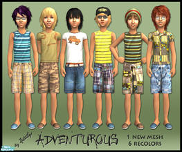 Sims 2 — Adventurous boys by katelys — 1 new mesh, base game compatible + 6 recolors: summer outfits for male children.