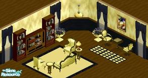 Sims 1 — Aged Walnut Library by Degera — Includes: Rugs(2), Bookcases(2), Chairs(2), Curtain, Endtable,