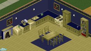 Sims 1 — Golden Oak Kitchen by Degera — Includes: Rug, Bookcase, Wall Light, Chair, Cookbook, Counter, Dishwasher,