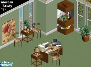 Sims 1 — Maroon Study by sgandra — Includes: Desk, Chair, Printer, Table Lamp, Floor Plant, Table Plants, Tapestry,