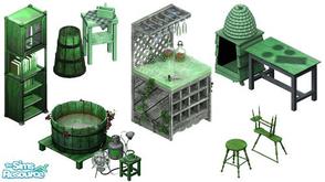 Sims 1 — Green Tuscan Kitchen Add Ons by jaldeer — Includes: Churn, Nector Press, Bee Hive, Spinning Wheel, Bookcase,