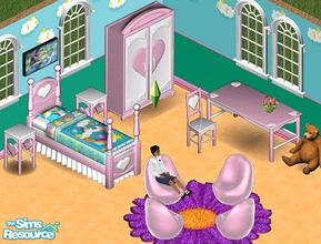 Sims 1 — Hearts Bedroom by Secret Sims — Includes: Beanbag, Bed, Chair, Desk, Dresser, Endtable