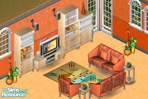 Sims 1 — Uptown  Livingroom by Secret Sims — Includes: TV Bench, Bookcases(3), Chair, Flowers, Loveseat, Endtable