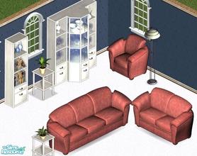 Sims 1 — Sandy's White Livingroom by Secret Sims — Includes: Bookcase, Cabinet, Endtable, Chair, Loveseat, Sofa
