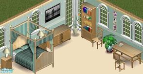Sims 1 — Countryside Green Bedroom by Secret Sims — Includes: Bed, Bookcase, Dining Chair(2), Desk, Dresser, Endtable