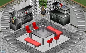 Sims 1 — Black Crystal Dining Room by Raveena — Includes: Stairs(2), Dining Table, Seating (2), Bar, China Cabinet,
