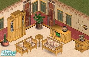 Sims 1 — Mexi Livingroom by Secret Sims — Includes: Arm Chair, Sofa, Cabinet, Sidetable, Endtables(2)
