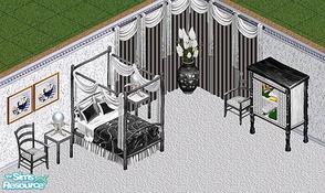 Sims 1 — Black Magic Bedroom by Raveena — Includes: Bed, Dresser, Chair, Curtains, Endtable, Lamp