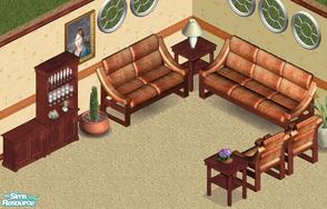 Sims 1 — Double Orange Livingroom by Secret Sims — Includes: Bookcases(2), Chair, Sofa, Loveseat, Endtable