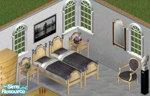 Sims 1 — Baron Birch Bedroom by Secret Sims — Includes: Bed, Endtable, Chair, Mirror