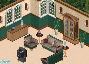 Sims 1 — Checker Living Room by Secret Sims — Includes: Chair, Display Cabinet, Endtable, Lamp, Sconce, Serving Table,