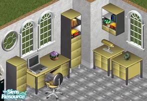 Sims 1 — Serious Yellow Study by Secret Sims — Includes: Chair, Desk, Filing Cabinets(2), Lamps(2), Laptop, Table