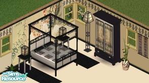 Sims 1 — Asian Bedroom by Secret Sims — Includes: Bed, Dresser, Endtable, FLoor Lamp, Table Lamp, Plants(2)