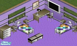 Sims 1 — Boys Metallic Bedroom by Raveena — Includes: Bed, Chair, Desk, Dresser, Bench, Endtable, Painting, TV, wall and