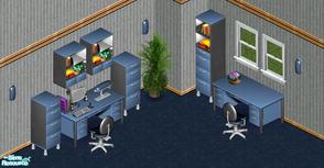 Sims 1 — Serious Blue Study by Secret Sims — Includes: Chair, Desk, Filing Cabinets(2), Lamps(2), Wall Cabinet