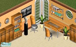 Sims 1 — Modern Wood Study by Secret Sims — Includes: Bookcases(2), Chairs(2), Desk, Wall Light, Wall Shelf