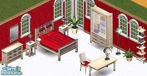 Sims 1 — Dorrainee Red Bedroom by Secret Sims & STP Carly — Includes: Bookcases(2), Chair, Desk, Dresser, Love Bed,
