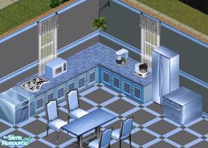 Sims 1 — Ice Blue Kitchen by Steffieb — Includes: Counter, Fridge, Microwave, Food Processor, Coffee Maker, Dining Chair,
