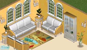 Sims 1 — Countryside Livingroom by Secret Sims — Includes: Sofa, Loveseat, Chair, Display case, Endtable, Wall Light