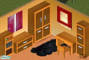 Sims 1 — Satin Wood Study by NeedForSims — Includes: Bookcase, Cabinets(2), Desk, Office chair, Sidetable