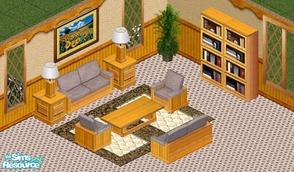 Sims 1 — Rustico Living Room by Raveena — Includes: Bookcase, Chair, Sofa, Coffee Table, Endtable, Rug, Table Lamp,