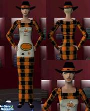 Sims 2 — Halloween Dress by Carrigon — A Halloween Apron Dress. There's a Pumpkin Chef, Spider, and Candy Corn on the