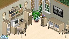 Sims 1 — Comet Cream Study by Secret Sims — Includes: Bookcase(2), Chair, Desk, Endtable, Sidetable, Sconce, Wall Shelf